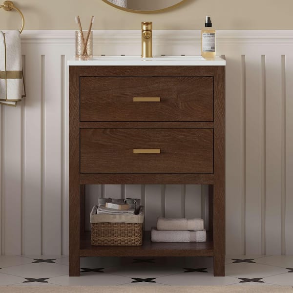 DELUXE DL LIVING Magen 25 in. W x 19 in. D x 34.5 in. H Single Sink Freestanding Bath Vanity in Walnut with White Resin Top