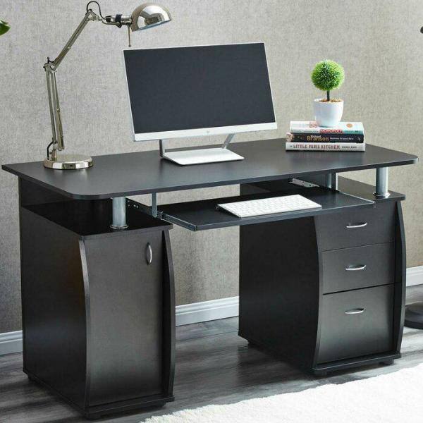 Silver 2 Person Office Desk with Drawers and Overhead Storage 144