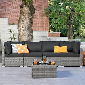 Messi Gray 5-Piece Wicker Outdoor Patio Conversation Sectional Sofa Set with Black Cushions