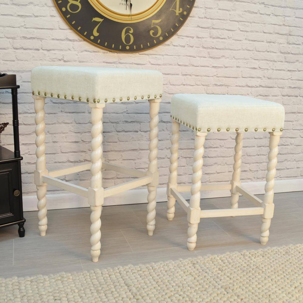 Vintage White Linen and Wood 32'' Backless Counter Stool