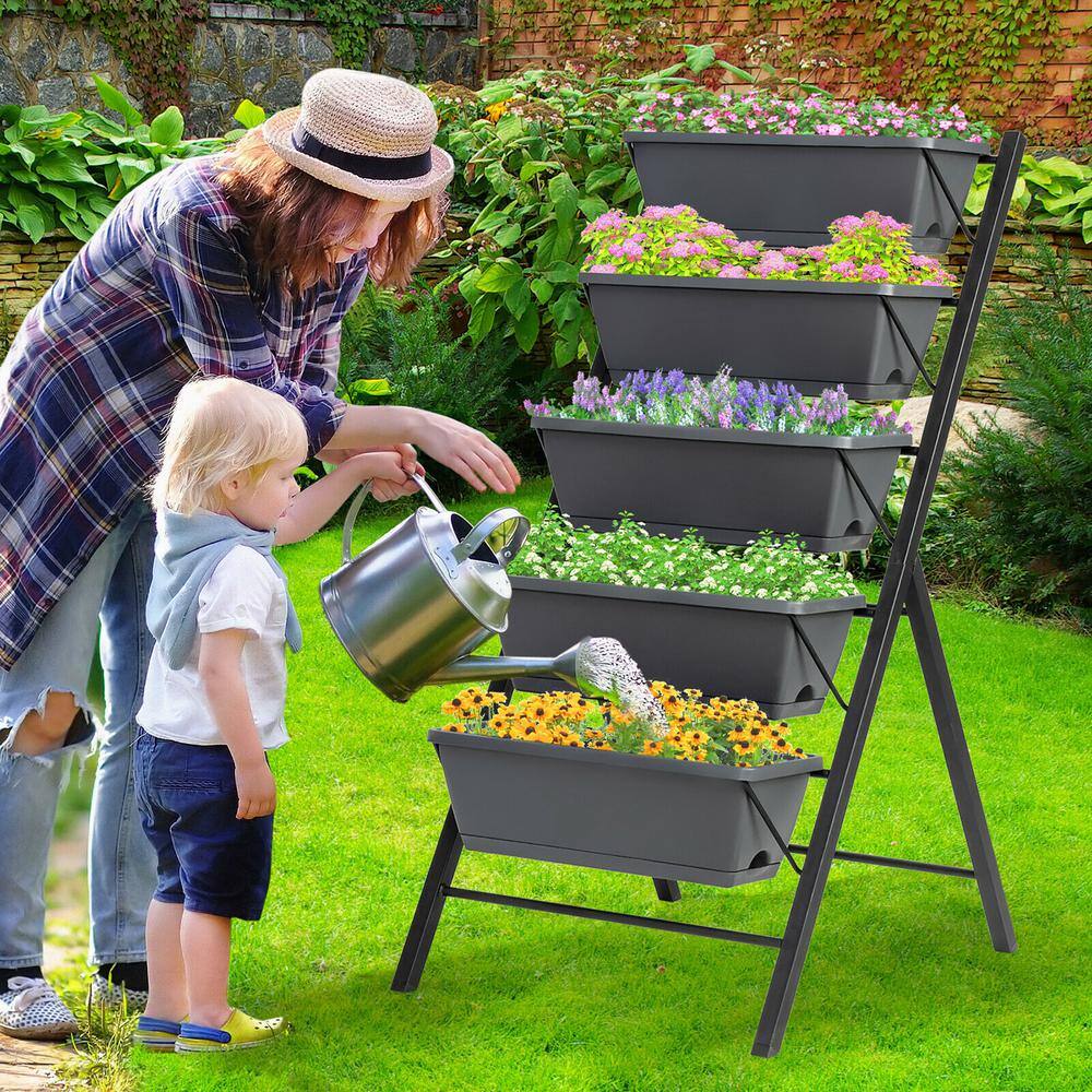 Gray 4 FT Vertical Raised Garden Bed with 5-Tier Planter Box Set