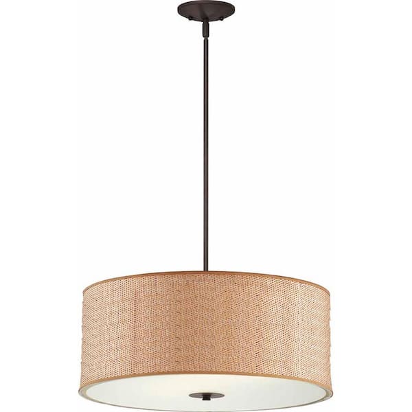 Volume Lighting Esprit 3-Light Indoor Antique Bronze Drum Pendant Light with Basketweave Shade and Frosted Glass Bottom