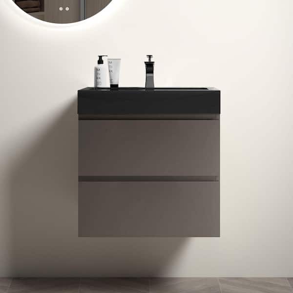 24 in. W Modern Wall Mounted Floating Bathroom Vanity with 2 Drawers and Single Black Sink in Gray