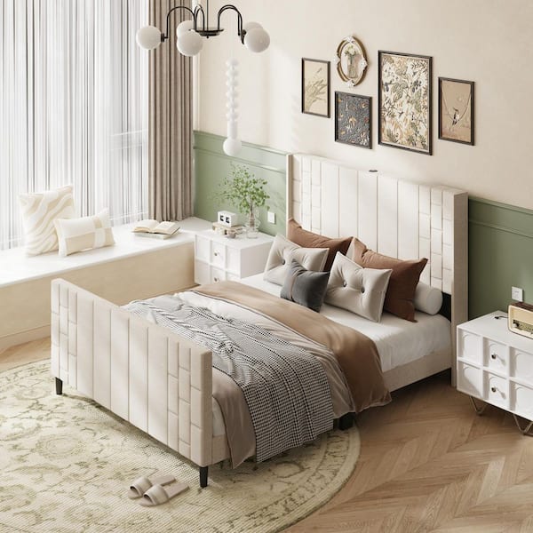 Beige White Wood Frame Queen Size Platform Bed, Panel Bed with Fabric Frame and USB Interface