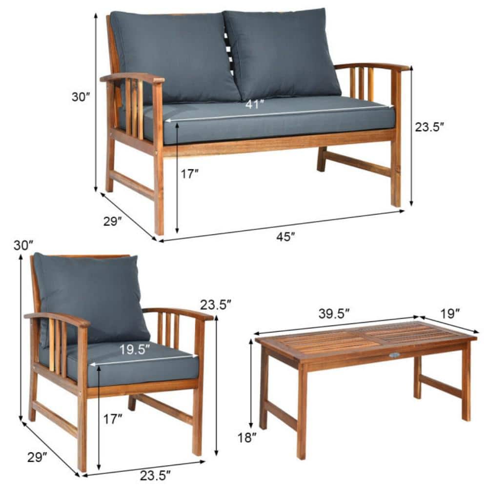 4-Piece Brown Acacia Wood Patio Set with Gray Cushions