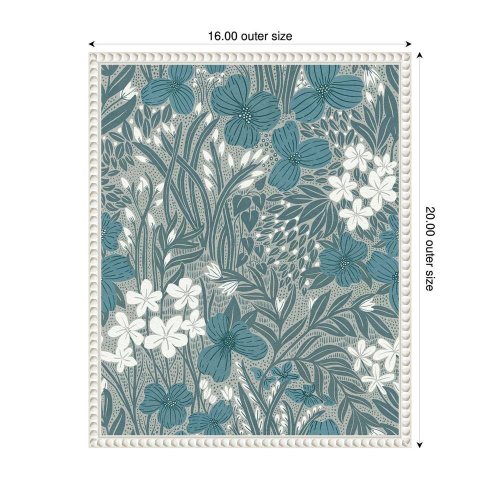 Teal and White Floral Botanical Canvas Wall Art with White Frame, 16x20