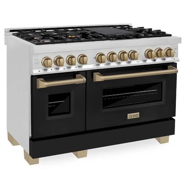 ZLINE Kitchen and Bath Autograph Edition 48 in. 7-Burner Double Oven Dual Fuel Range with Matte Black Door and Champagne Bronze Accents