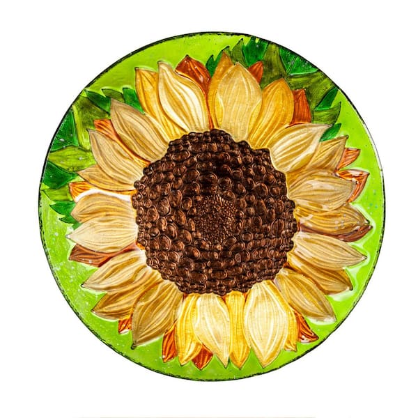 Evergreen 18 in. Fall Sunflower Hand Painted Embossed Glass Bird Bath