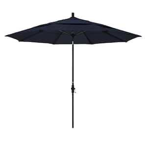 11 ft. Black Aluminum Pole Market Fiberglass Ribs Collar Tilt Crank Lift Outdoor Patio Umbrella in Navy Sunbrella