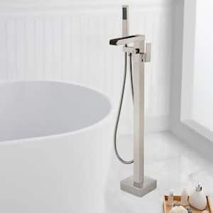 Single-Handle Freestanding Floor Mount Tub Faucet Bathtub Filler with Hand Shower in Brushed Nickel