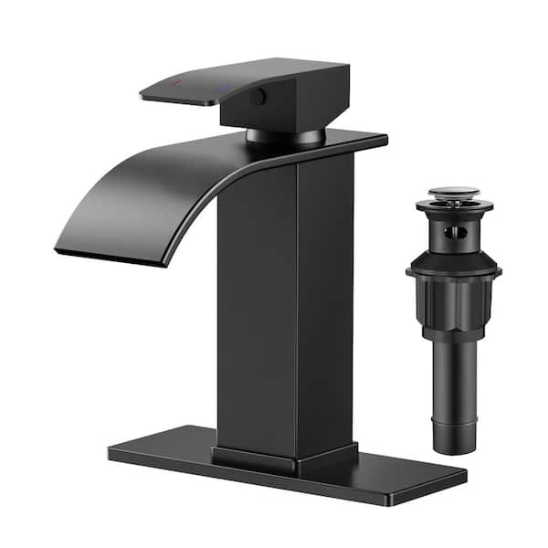 Single Handle Single Hole Bathroom Faucet with Drain Assembly in Black