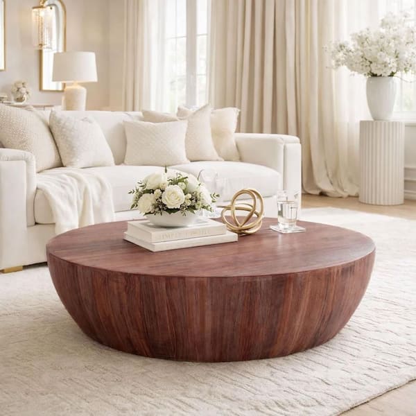 Arthur 48 in. Brown Round Mango Wood Handcarved Coffee Table