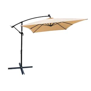 10 x 6.5 ft Steel Market Umbrella, Outdoor Patio Umbrella in Tan, Solar LED Lights, Crank, Cross Base, Rectangle