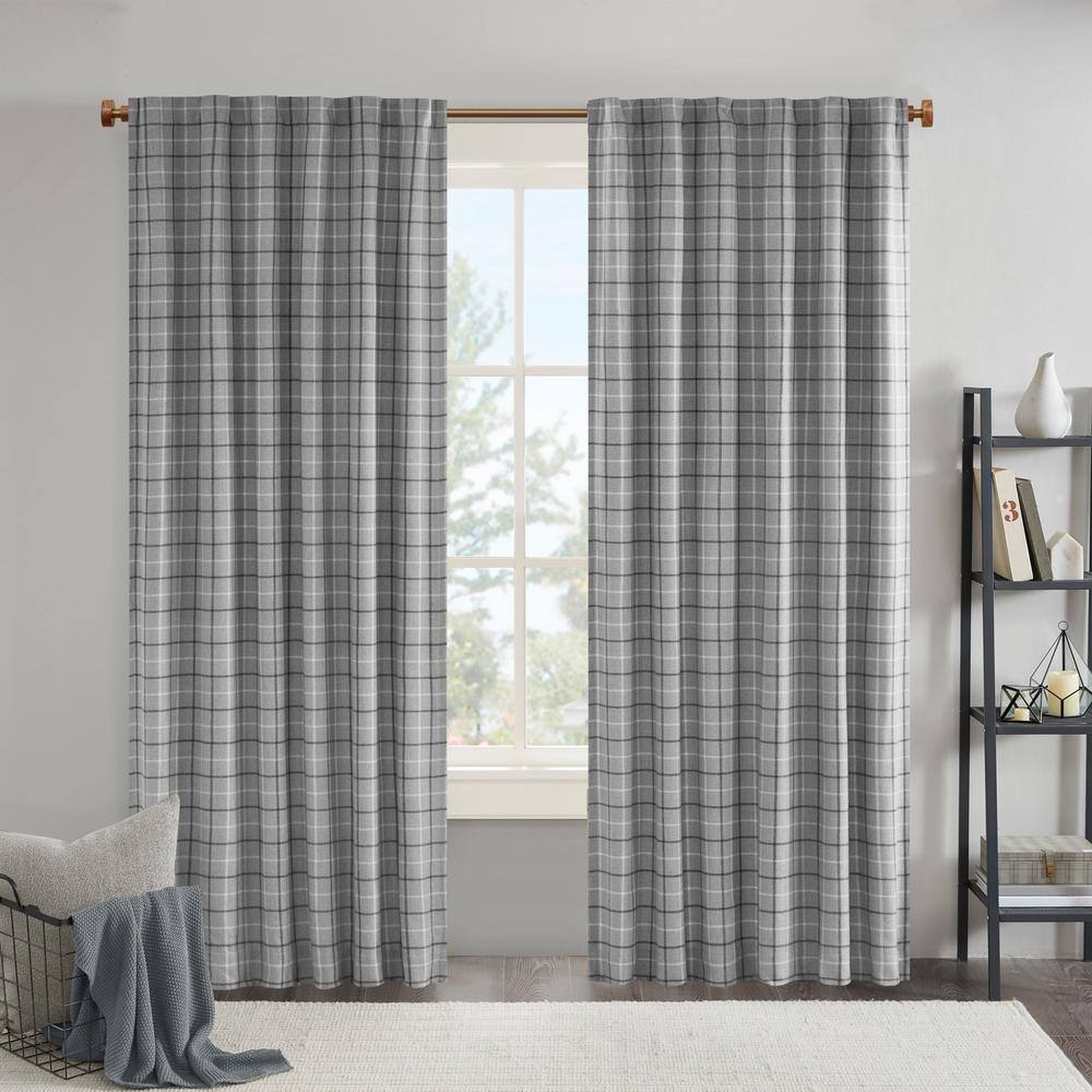 Gray Plaid Light-Filtering Polyester Curtain Panel with Fleece Lining
