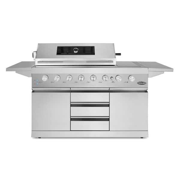 58 in. Newport Collection 8 Burner Propane Gas Grill, Side Griddle, Infrared Rotisserie, Knob LEDs, Stainless Steel
