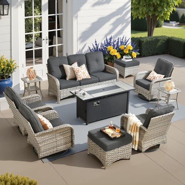Ruby 10-Piece Wicker Outdoor Fire Pit Furniture Patio Conversation Sofa Set with Swivel Chairs and Black Cushions