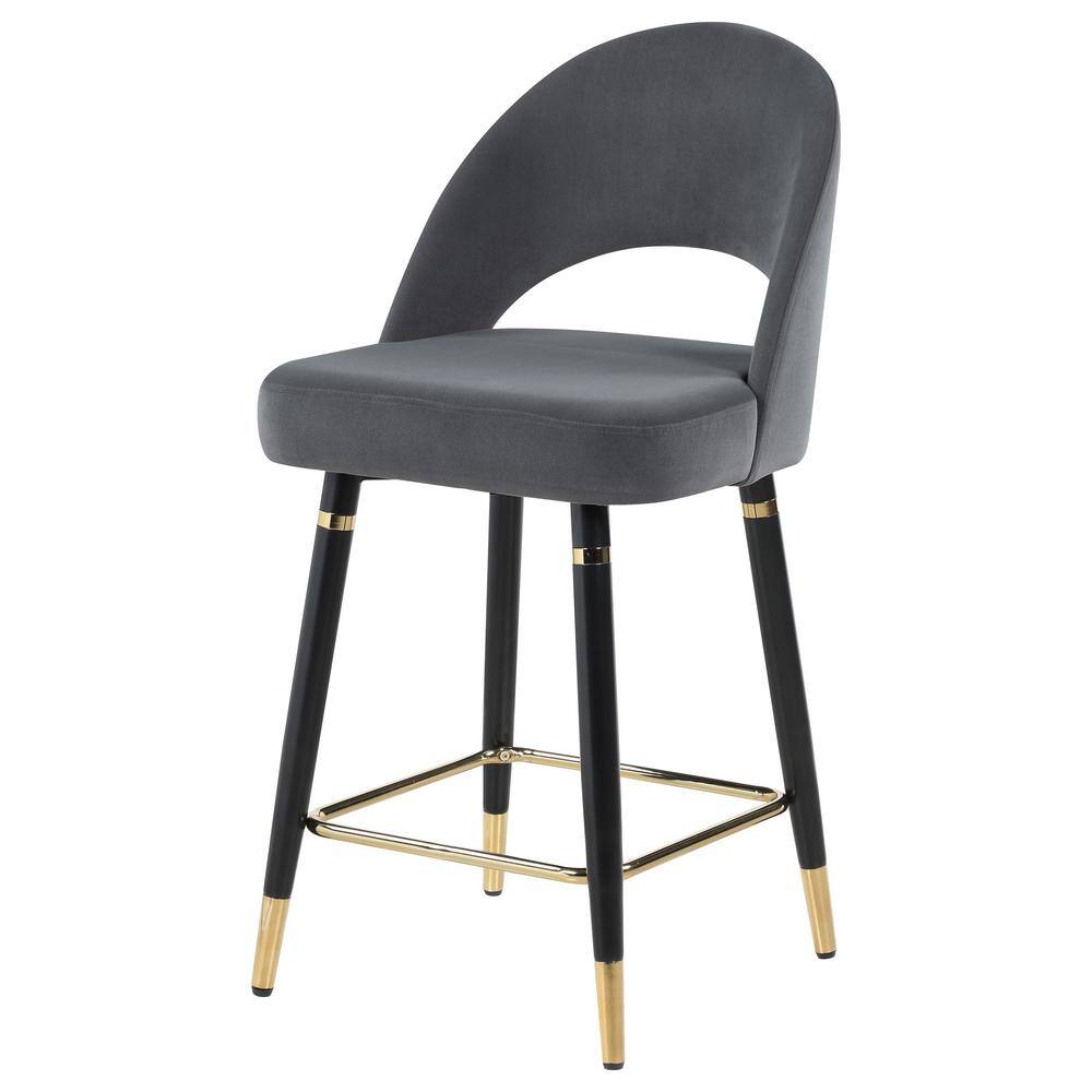 Gray Velvet Upholstered Arched Back Counter Stools with Gold Accents