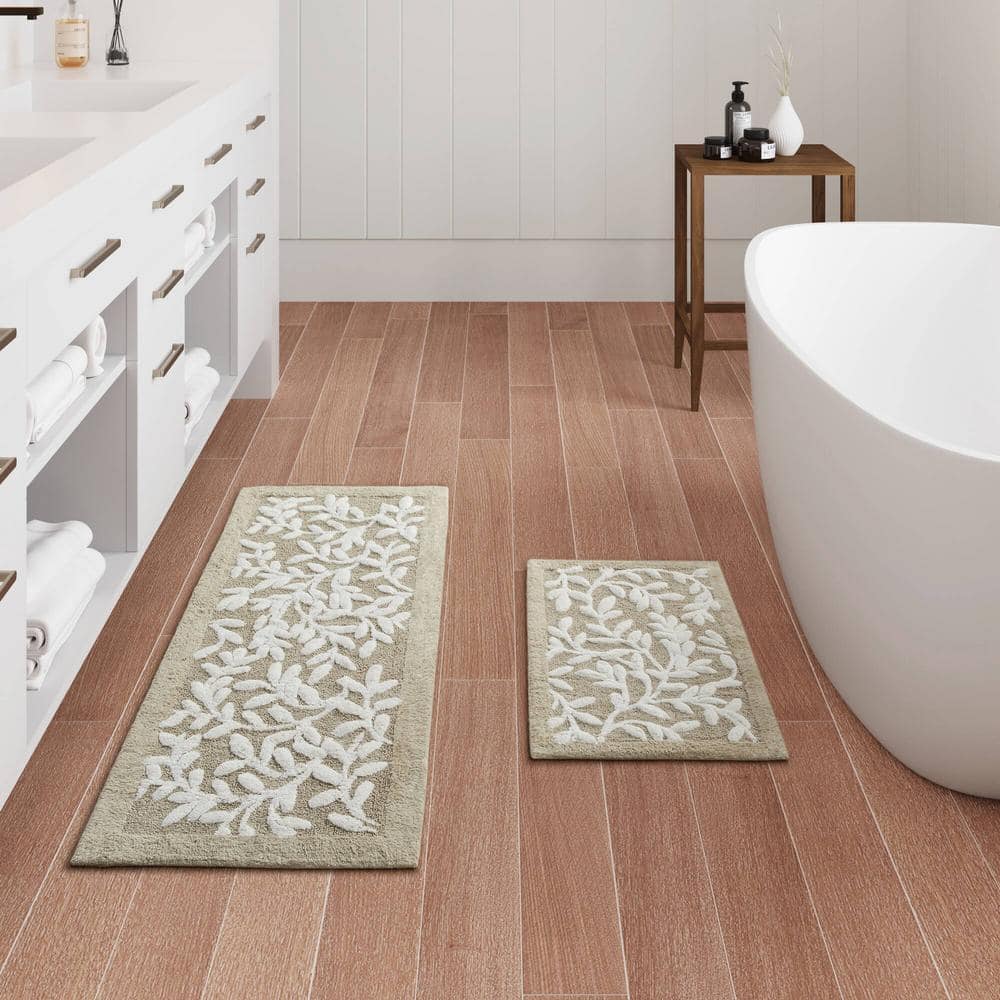 Taupe Cotton Tufted Botanical Leaf Bath Rug