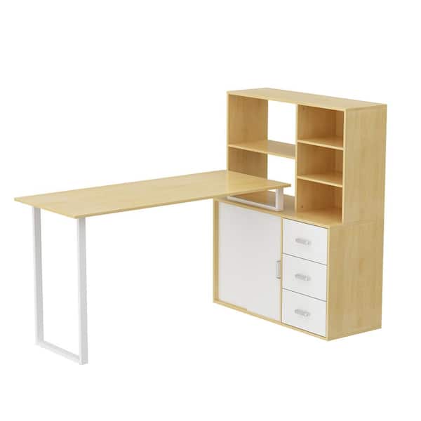 FUFU&GAGA Brown L-Shaped Oak Wood Teenager Kids Desk Children Study Table W/Bookshelf, Movable Tabletop, Door Cabinet, Drawers