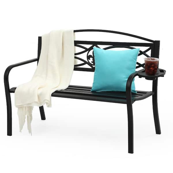 DEXTRUS 50 in. Metal Outdoor Garden Bench Spear Pattern with Cup Holder