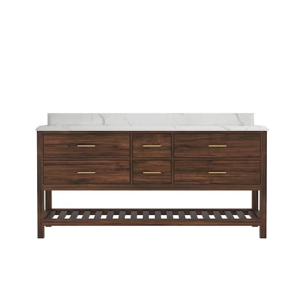 Willow Collections Parket Teak 72 in. W x 22 in. D x 36 in. H Double Sink Bath Vanity in Dark Walnut with 1.5" Calacatta Laza Qt. Top