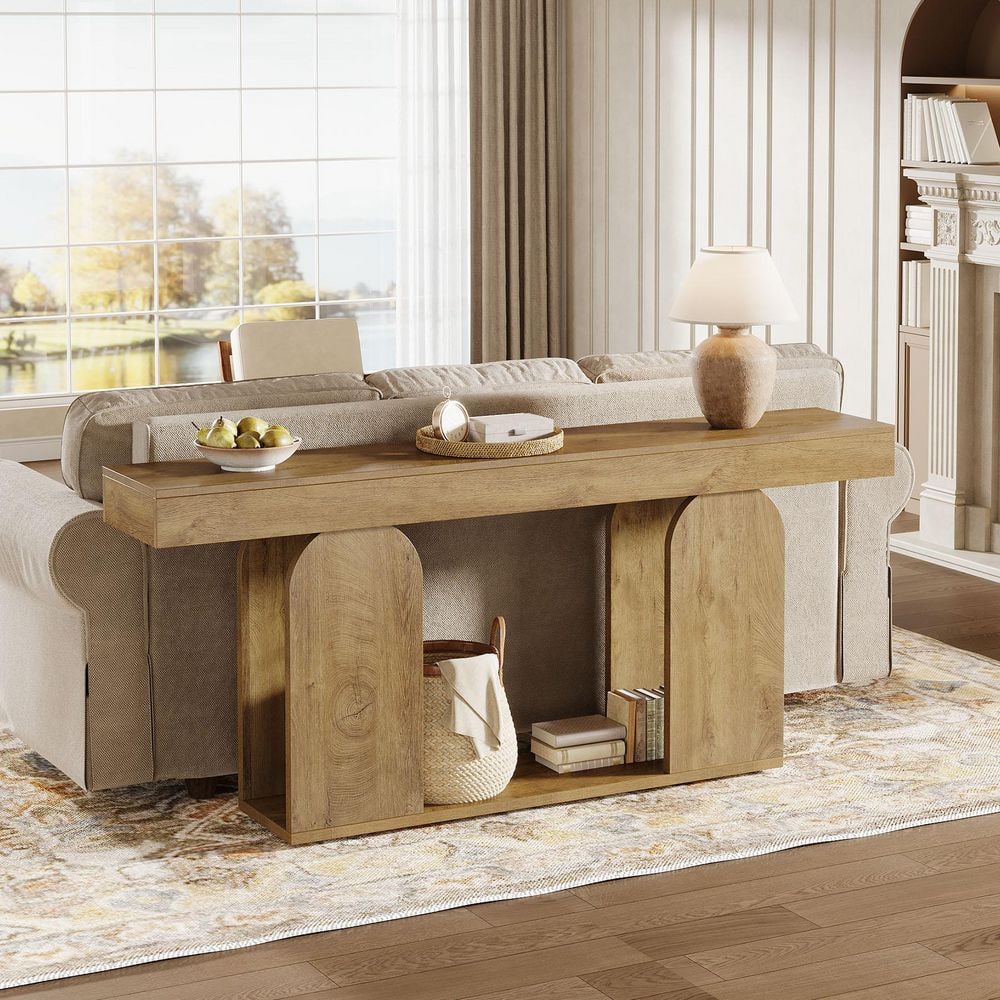 Turrella 70.9 in. Light Brown Rectangle Wood Console Tables, 2-Tier Farmhouse Sofa Table with Storage Shelf for Hallway