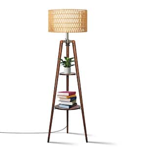 61 in. Walnut 1-Light Dimmable Tripod Floor Lamp with Rattan & Fabric Shades