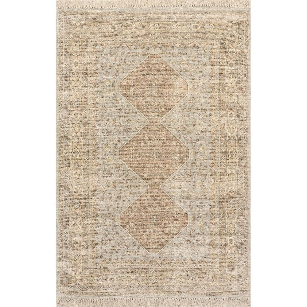 Rosia Khaki and Beige 10' x 14' Wool Blend Tasseled Area Rug
