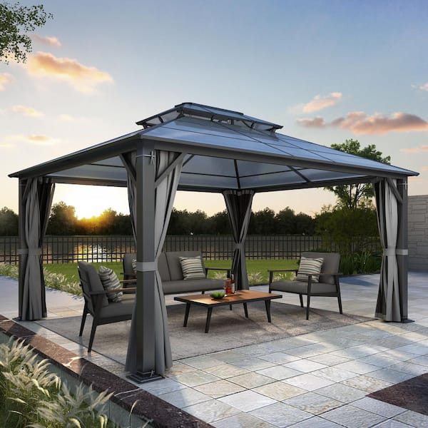 12 ft. x 14 ft. Patio Hardtop Gazebo Outdoor Double Polycarbonate Roof Steel Frame Gazebos with Netting and Curtains