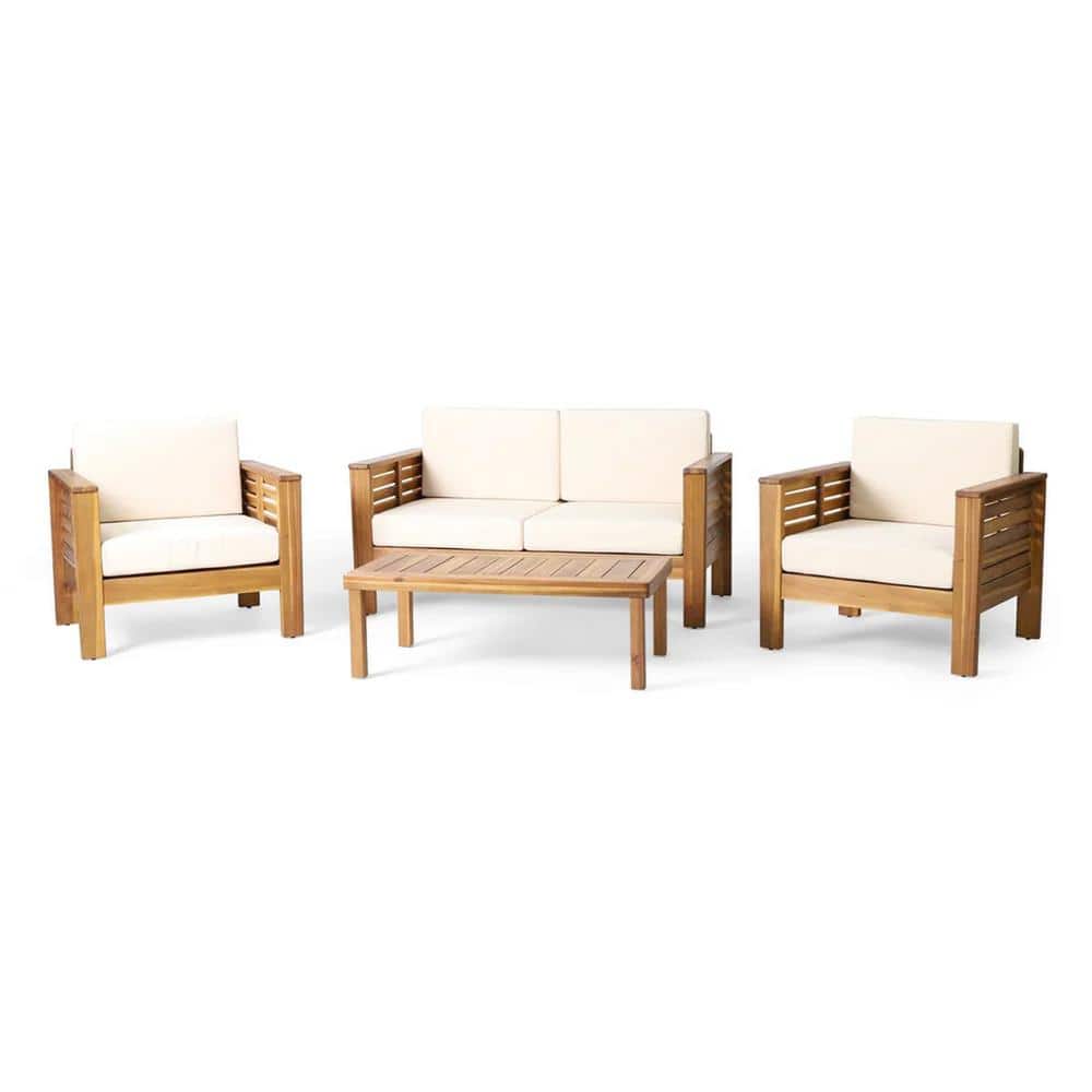 4-Piece Teak Acacia Wood Outdoor Loveseat and Coffee Table Set for Patio Ba