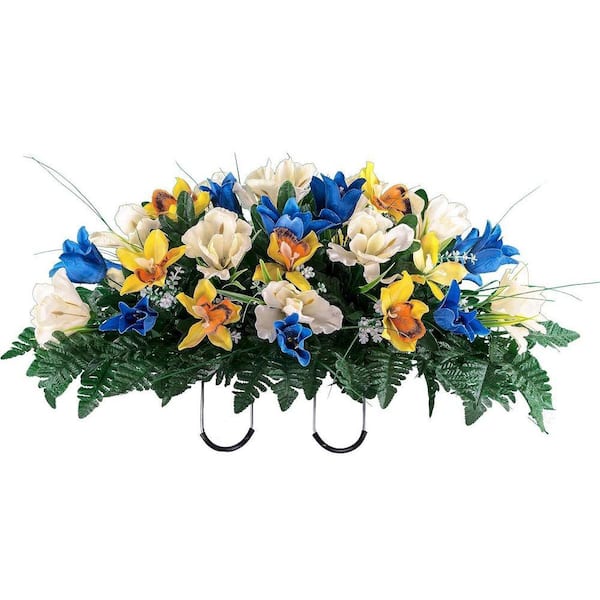 15in. Blue Yellow Outdoor Artificial Tulips Flowers, Outdoor Grave Decorations.