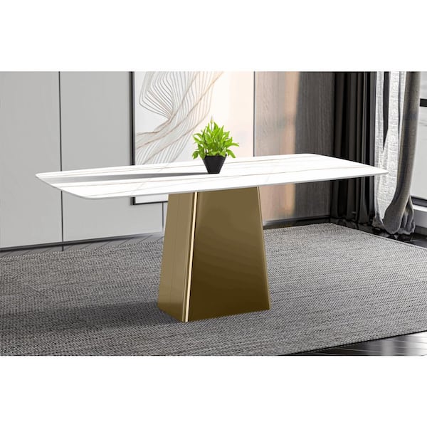 Quinix Modern White/Gold Stone 62 in. Pedestal Dining Table, Seats-6