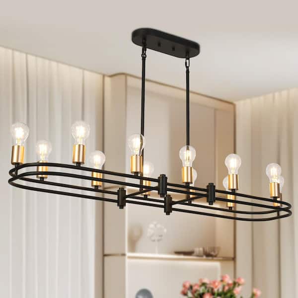48 In. 12-Light Modern Industrial Black Kitchen Island Chandelier, Large Transitional Brass Dining Room Chandelier