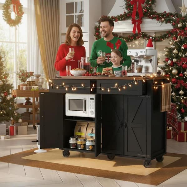 Black Wood 53.5 in. W Farmhouse Rolling Kitchen Island Cart with Drop Leaf and Power Outlet