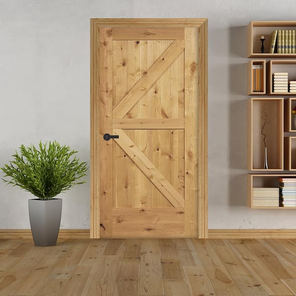 24 in. x 80 in. K Frame Unfinished Barn Door Style Knotty Alder Single Prehung Interior Door
