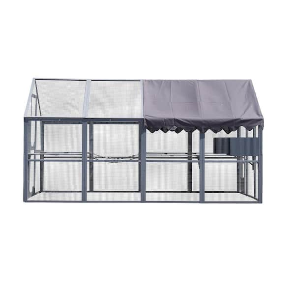 111.5 in. x 74.25 in. x 72.52 in. Large Metal Cat Enclosure with Platform, Upgraded Waterproof Cover, Grey