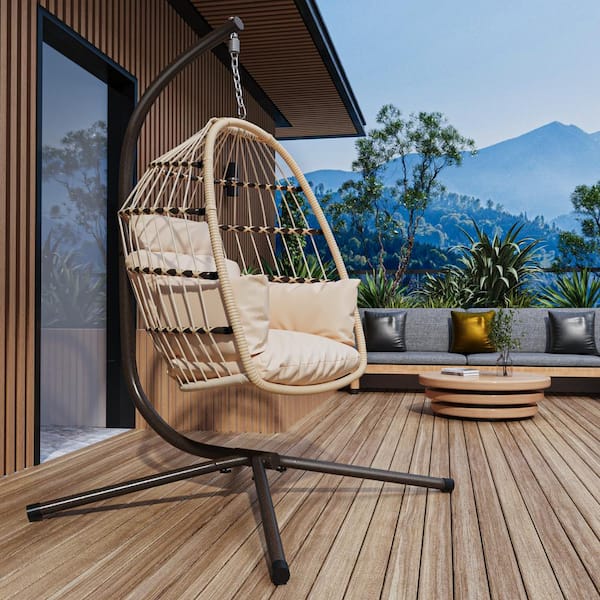 Zeus & Ruta Metal Patio Swing Patio Foldable Hanging Swing Chair with Stand in Natural Color