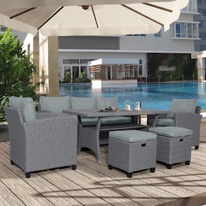 6-Piece Gray Rattan Wicker Patio Outdoor Conversation Set with Gray Cushion, Garden Sofa, Chair, Stools and Table