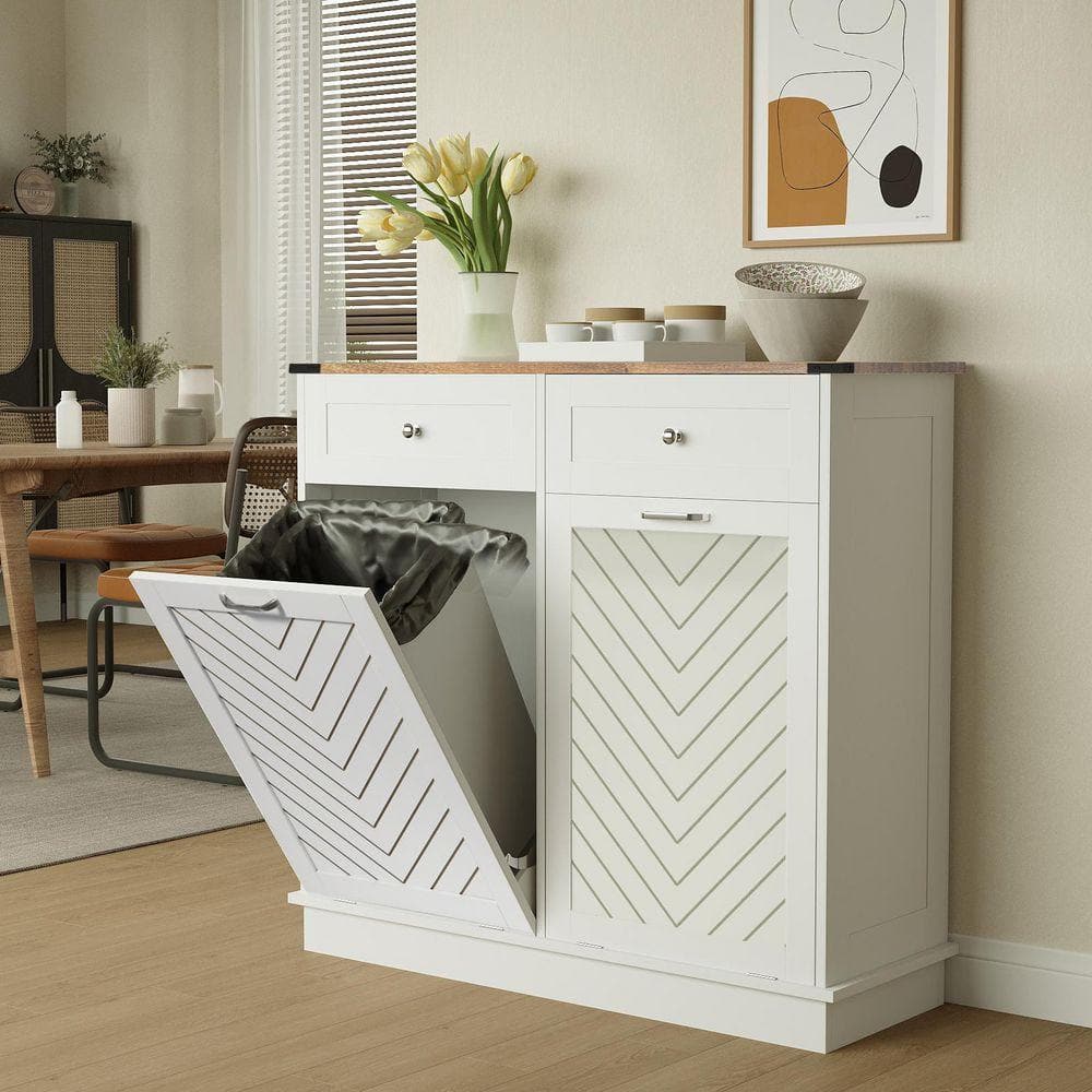 39.4 in. W x 13.5 in. D x 36 in. H in White MDF Assemble Pull Out Kitchen Cabinet with Drawer Recycling Trash Cabinet