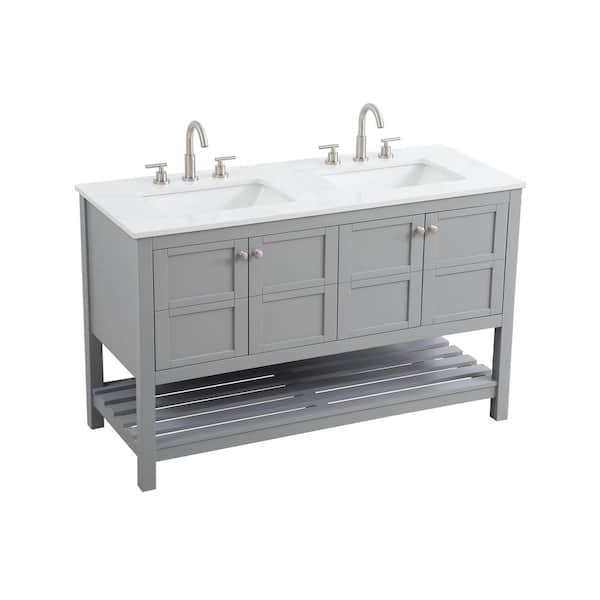 54 in. Double Sink Grey Bath Vanity with White Engineered Marble Top