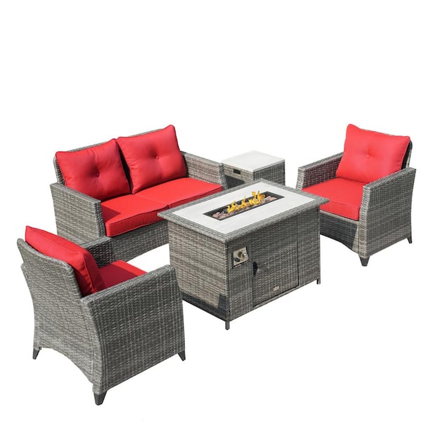 moda furnishings Gwendolyn Gray 5-Piece Rattan Wicker Outdoor Conversation Patio Fire Pit Seating Sofa Set with Red Cushions