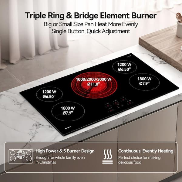 36 in. 5 Burner Radiant Electric Cooktop, Built-In Stove Top with Tri-Ring Element and Touch Control, Glass Top, Black