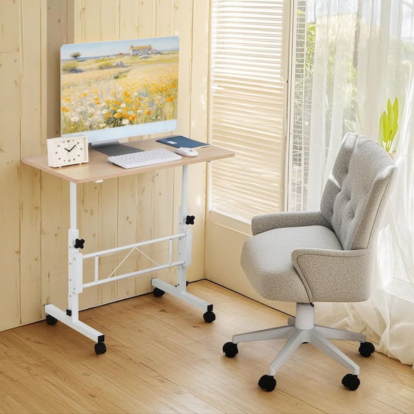 VECELO Adjustable Small Standing 31.5 in. W Computer Desk with Wheels – Mobile Laptop Table for Home Office Brown