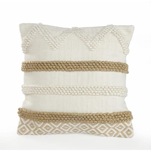 LR Home Knot Beige / White Neutral 20 in. x 20 in. Textured Cotton Standard Throw Pillow