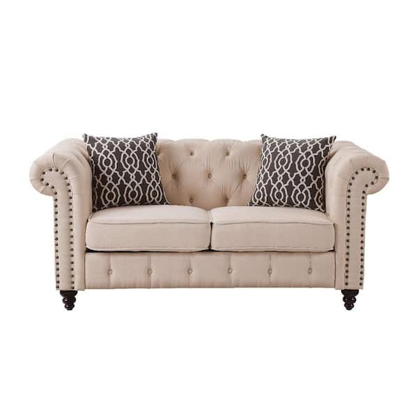 HomeRoots 67 in. Beige Linen Solid Color 100% Linen 2-Seater Loveseat with Black Solid Manufactured Wood Legs