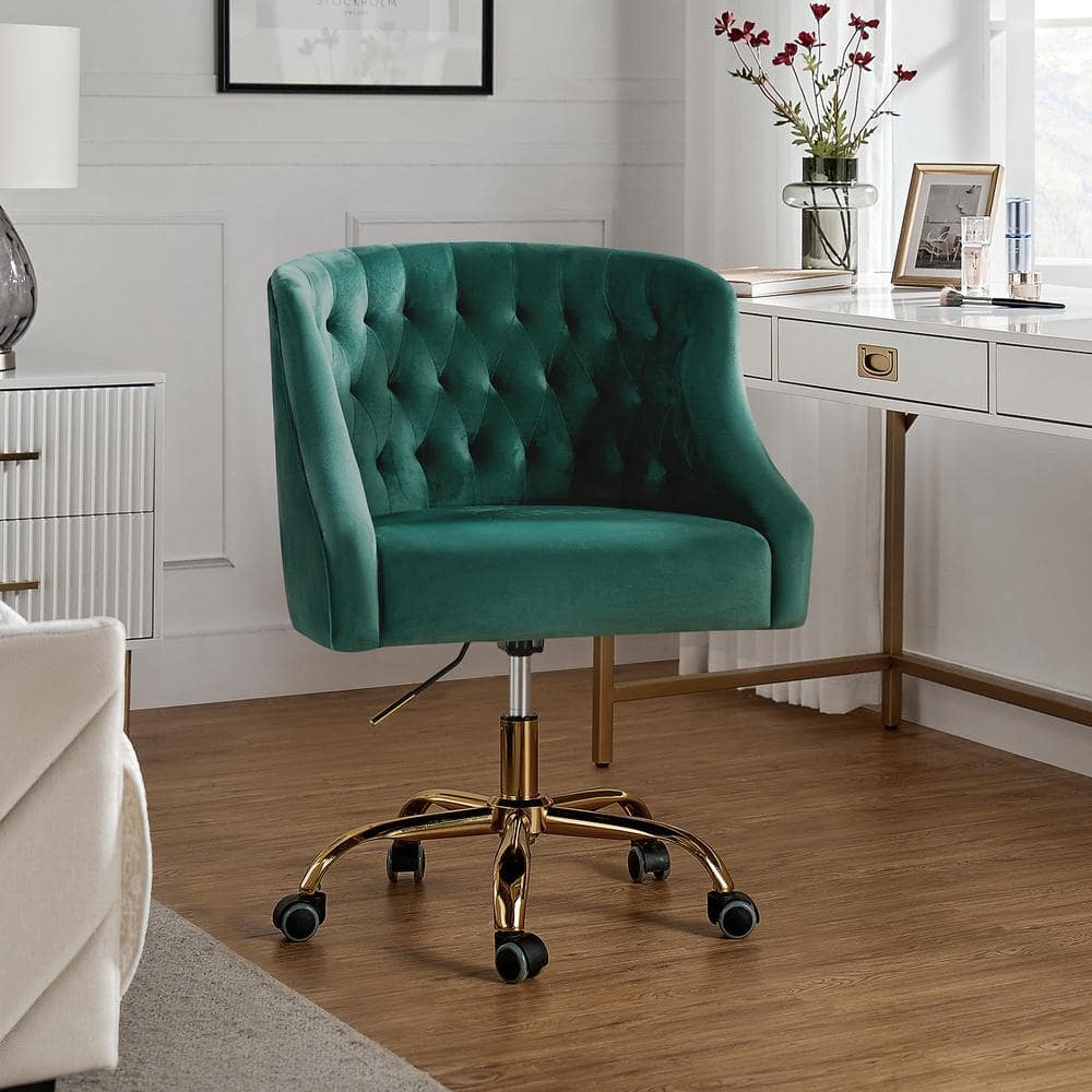 Ergonomic Green Velvet Task Chair with Gold Metal Legs