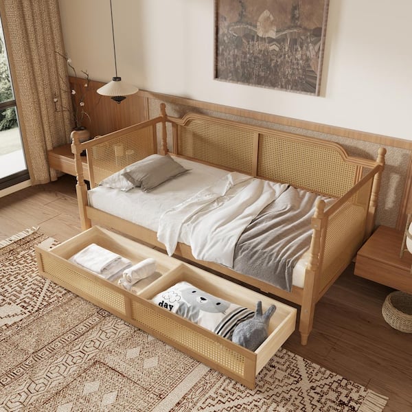 Antique Walnut Twin Size Rattan Daybed with 2 Drawers