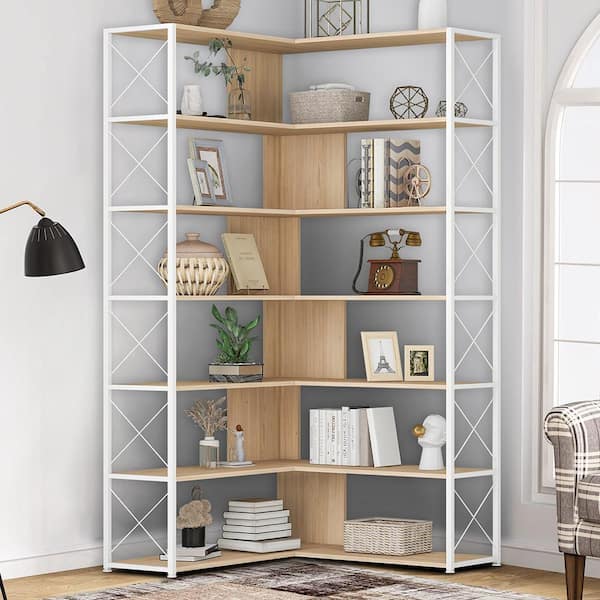 YOFE 70.9 in. Oak Color Wood 7-Shelf Accent Bookcase with Metal Frame Home Office Industrial L-Shaped Corner Open Bookshelf