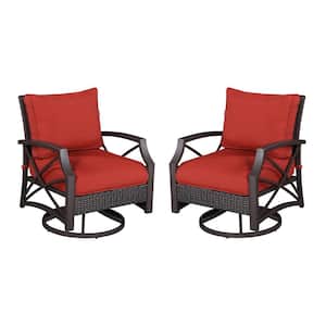 2- Piece Rattan Wicker Outdoor Swivel Patio Lounge Chair Set Brown Frame with Thick Removable Cushions in Red