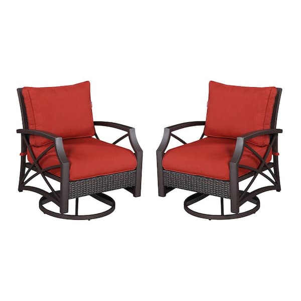Kinger Home 2- Piece Rattan Wicker Outdoor Swivel Patio Lounge Chair Set Brown Frame with Thick Removable Cushions in Red